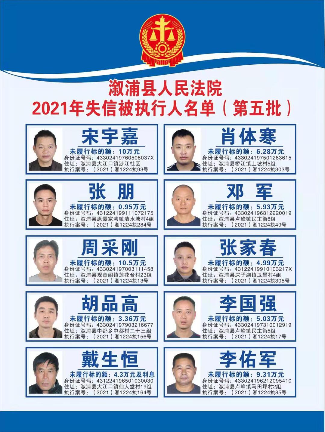 溆浦县人民法院2021年失信被执行人名单（第五批）