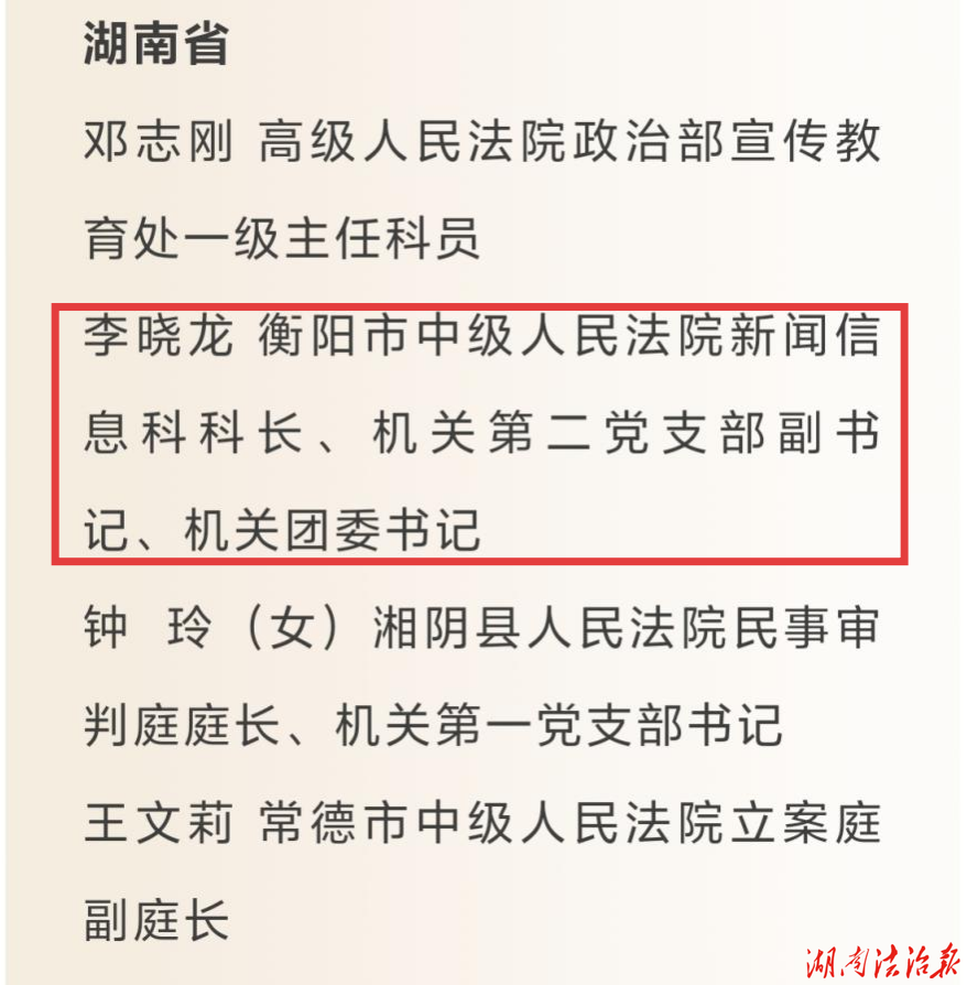 喜报！衡阳中院一名同志获评全国法院党建工作成绩突出个人